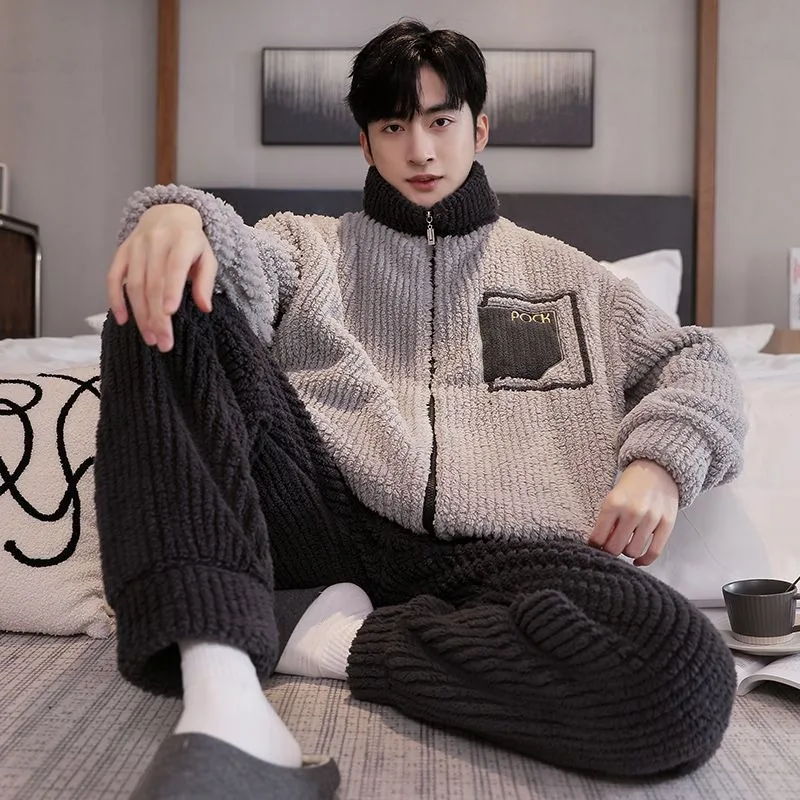 2024 New Coral Fleece Pajamas Men\'s Autumn Winter Loungewear Set Minimalist Male Warm Flannel Homewear Plush Thick Home Clothes