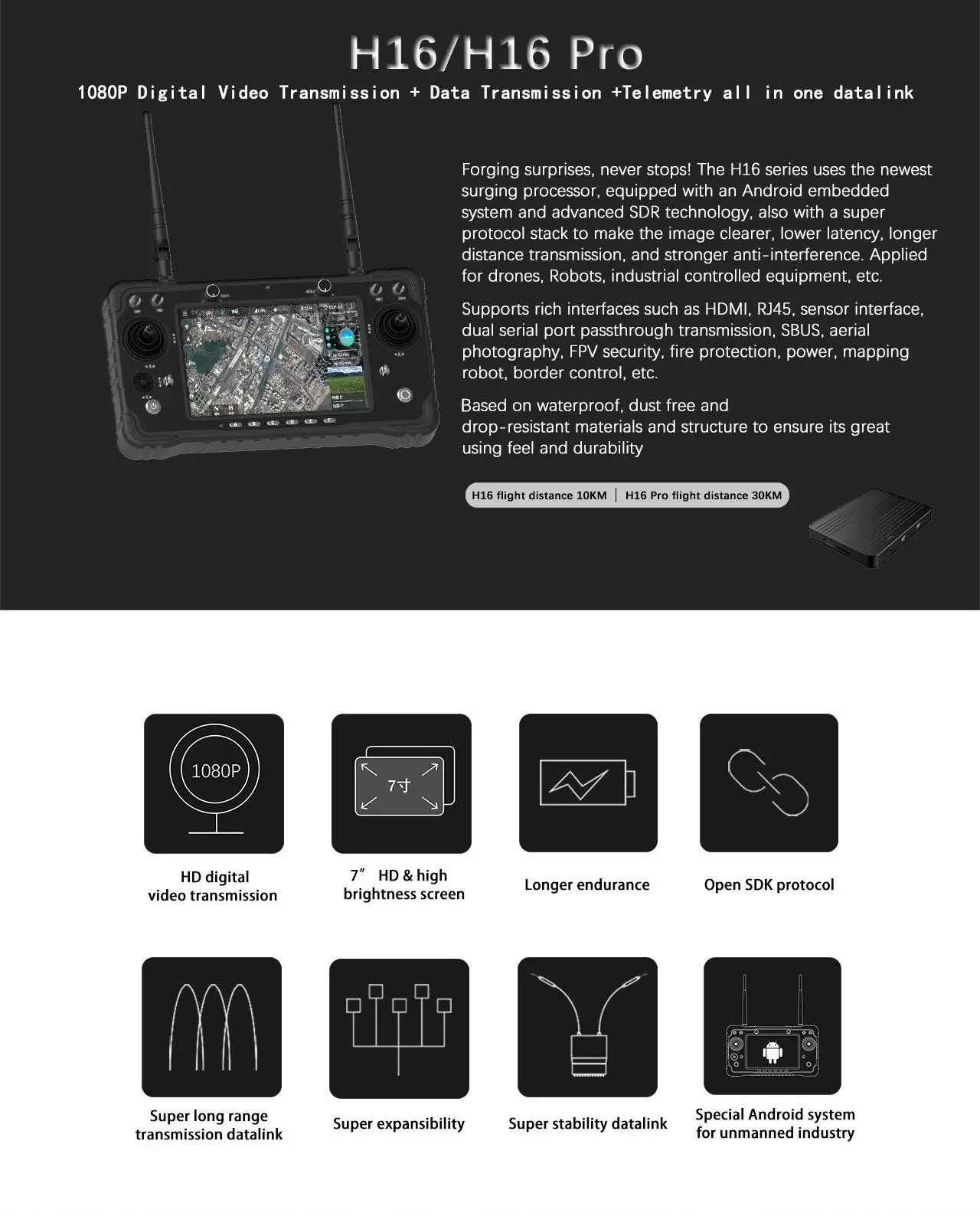 2025 Skydroid H16/H16pro جهاز تحكم عن بعد 7 بوصة IPS شاشة عالية السطوع عرض واضح معلومات العرض في الوقت الحقيقي في ضوء الشمس