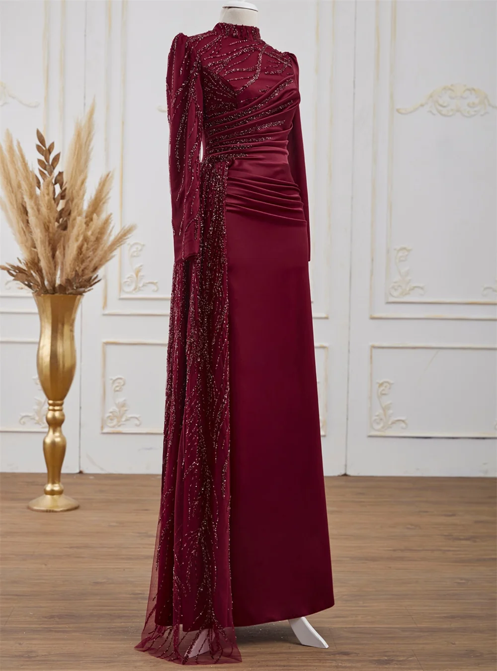 Amanda Burgundy Long Sleeve Prom Dress Modest High Neck Evening Dress Sequins Vestidos De Fiesta Elegantes Para Mujer 2023