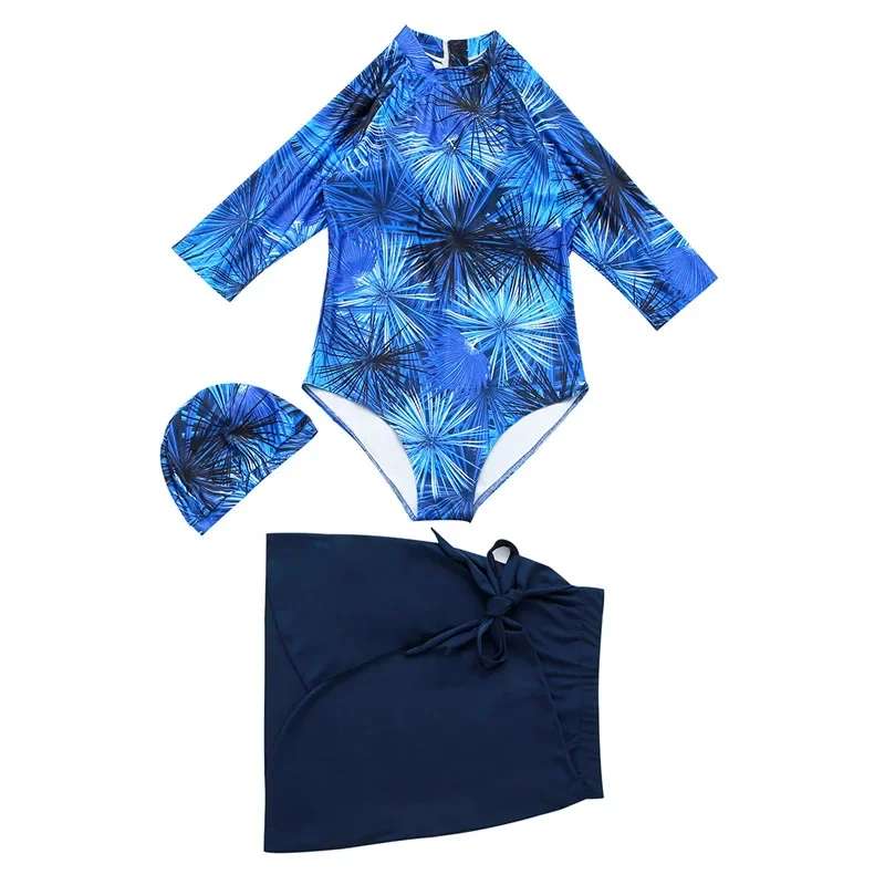 Women Half Sleeve Rashguard Swimwear Bodysuit+skirt+cap 3pcs Surfing Swimming Bathing Muslim Rash Guards Print Diving Swimsuits
