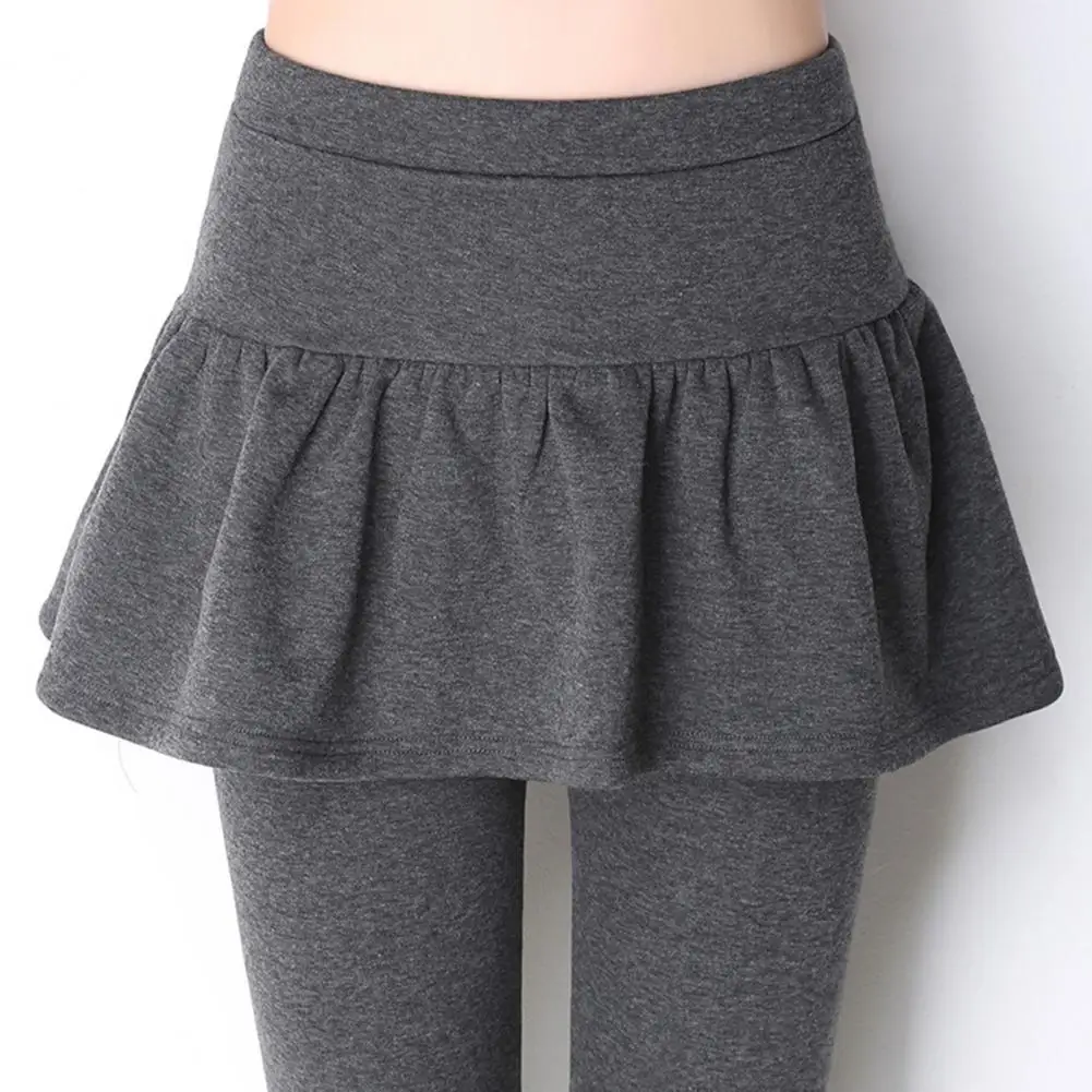 Women Winter Pants Fake Two-piece Thickened Plush Elastic High Waist Slim Fit Pleated Skirt Pants Thermal Thigh Leggings Tights