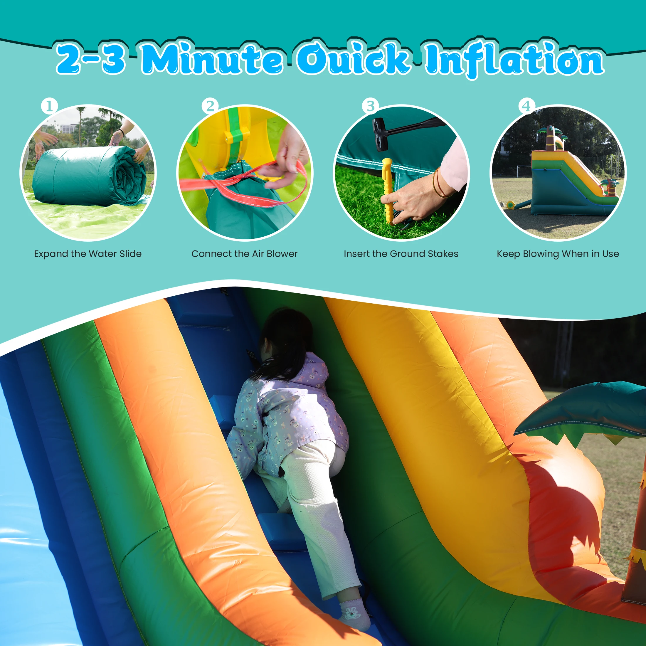 Aufblasbarer Pool, aufblasbare Sommer-Outdoor-Luft-Hüpfburg, Wasserspielgeräte, aufblasbare Doppelrutsche, Blasenball – Detail 7