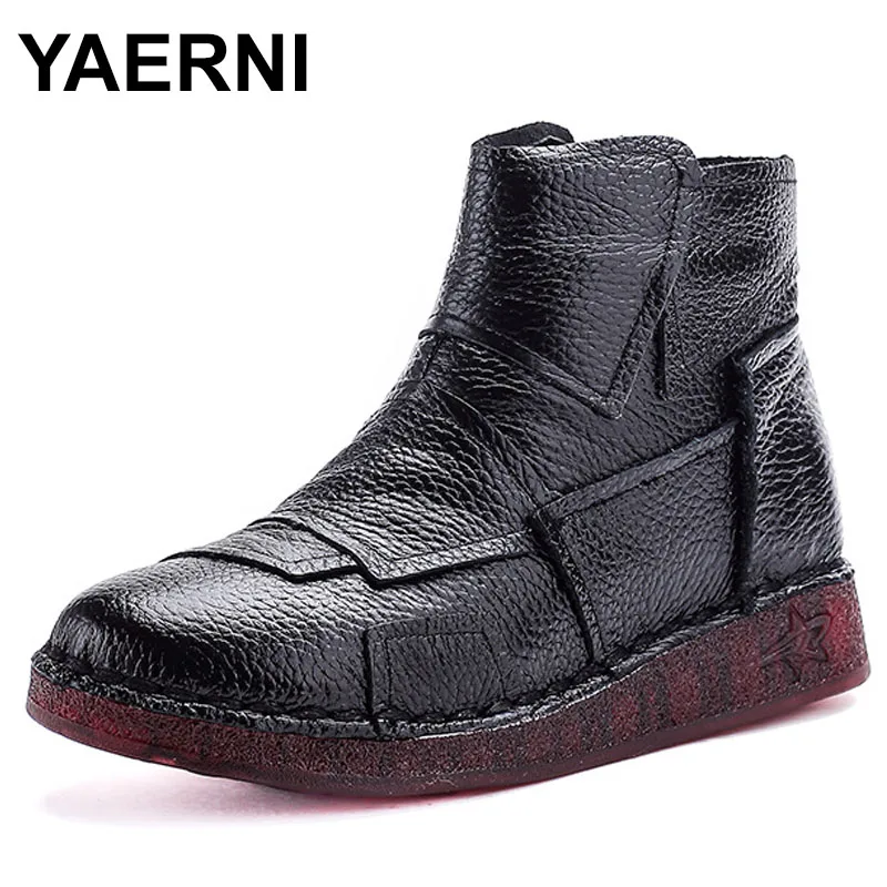 

Leather short boots with color matching warm and comfortable cotton shoes women's winter cowhide sole leather boots
