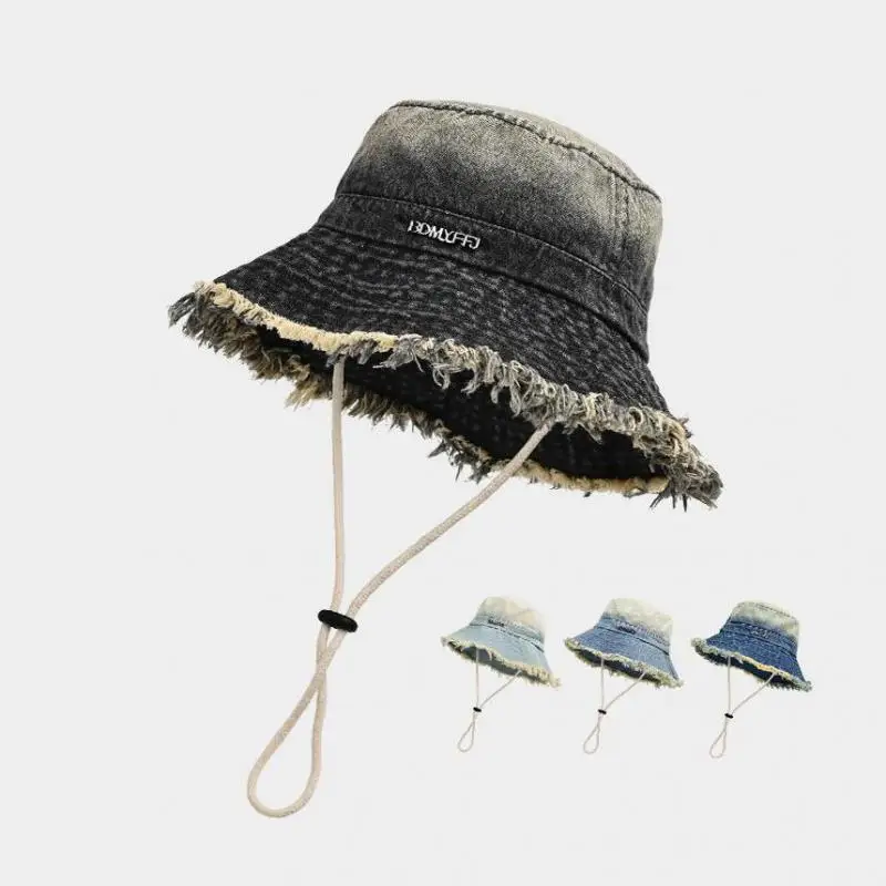 Vintage-Eimerhut aus gewaschenem Denim für Damen – modische Fischermütze mit Quastenrand für Frühling/Herbst 2022, neu, Outdoor, lässig, Retro