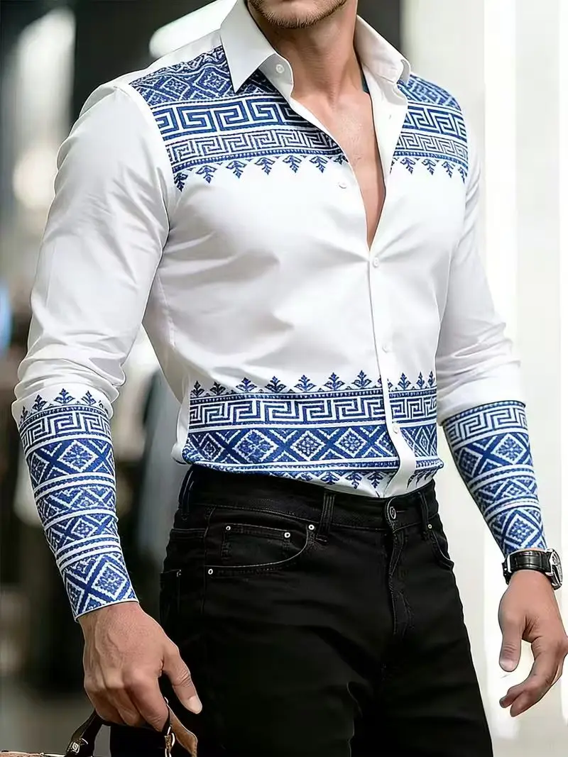 

New men's fashionable 3D starry sky printed shirt with casual long sleeved button design and fashionable shirt top
