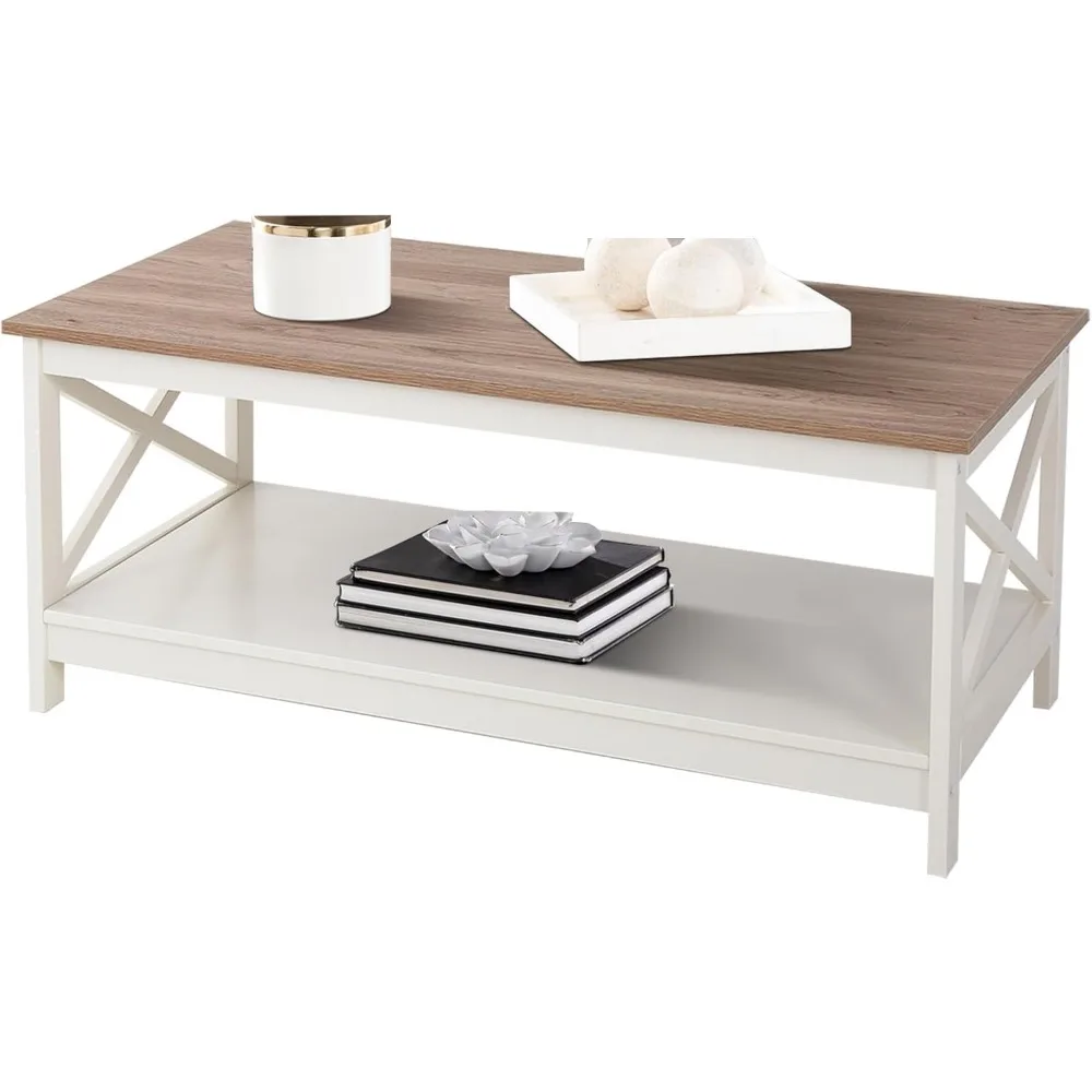 

Farmhouse Coffee Table with Storage Shelf for Living Room, Ivory, Coffee Table