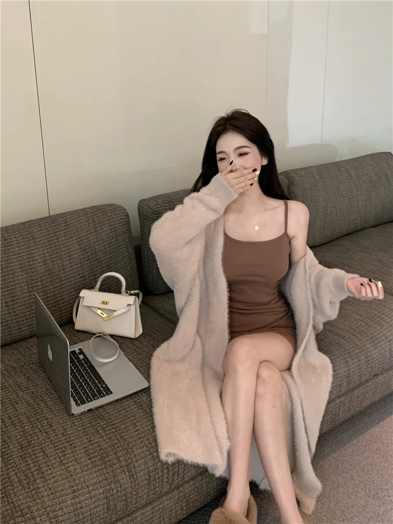 Soft Loose Women's Knitted Sweater Coat Autumn Winter New Sle No Button Design Medium Length Pure Color Commute Sle