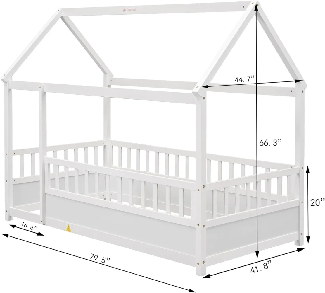 Kinderen Montessori Bed Twin Size, Aparte Verdieping Bed Met Hoge Omheining, Huis Voor Kinderen, Meisjes, Jongens, Hout Montessori Vloer Bed