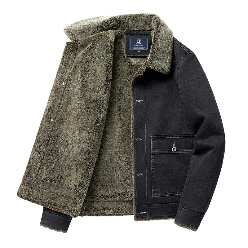 

Men's Winter Denim Jacket with Fleece Lining, Thickened and Warm Cotton Coat, Loose Trendy Workwear Outerwear