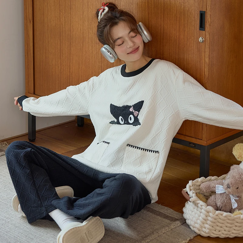 

Pajama Sets Yellow Strips Women Natural Heart Pure Matching Couple Short European Christmas Long-Sleeved Kawaii Chinese Jacquard