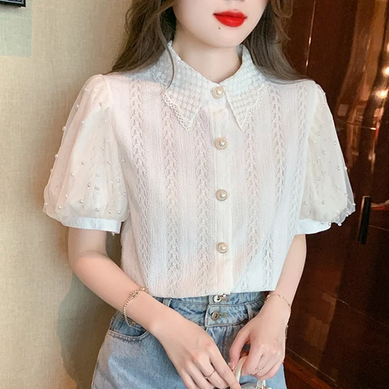 Summer White Lace Shirts Women 2024 Elegant Fashion Beading Casual Blusas Mujer Korean Style Slim Black Puff Sleeve Tops Blouses