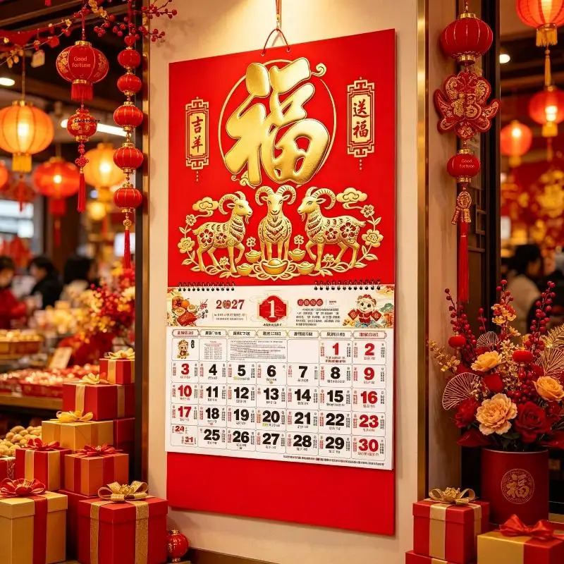 New 2027 Sheep Year Wall Calendar Tear-Off Coil Fu Symbol Wall Hanging Calendar Chinese Lunar New Year Monthly Planner