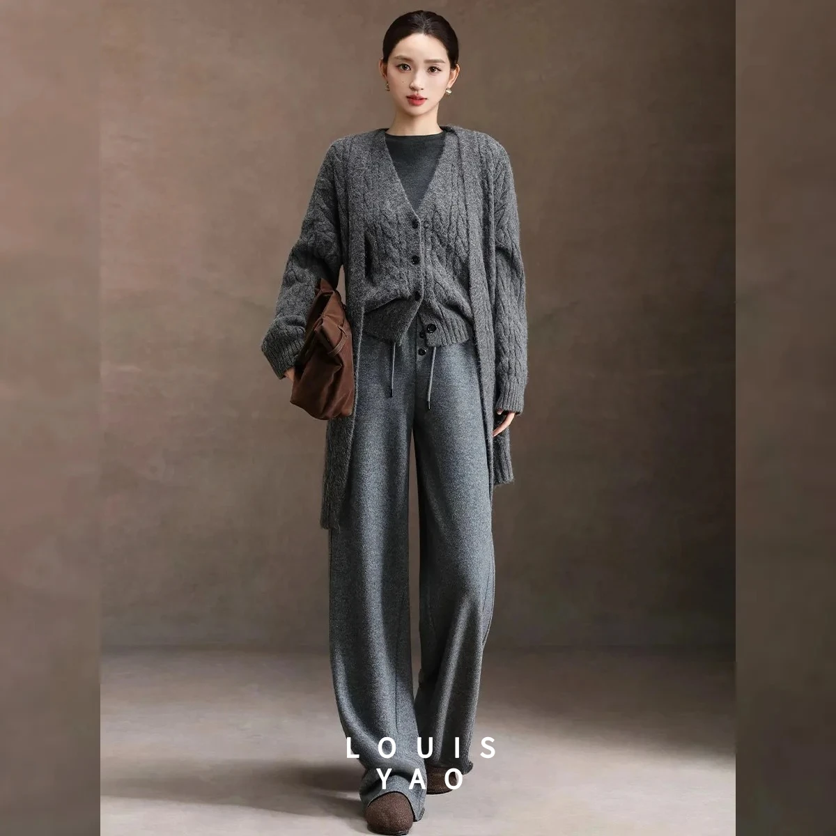 LOUISYAO, pantalones informales de punto para mujer, otoño 2025, Ofice Lady, sensación Vertical, cordón, cintura de goma, pantalones de pierna recta gruesa