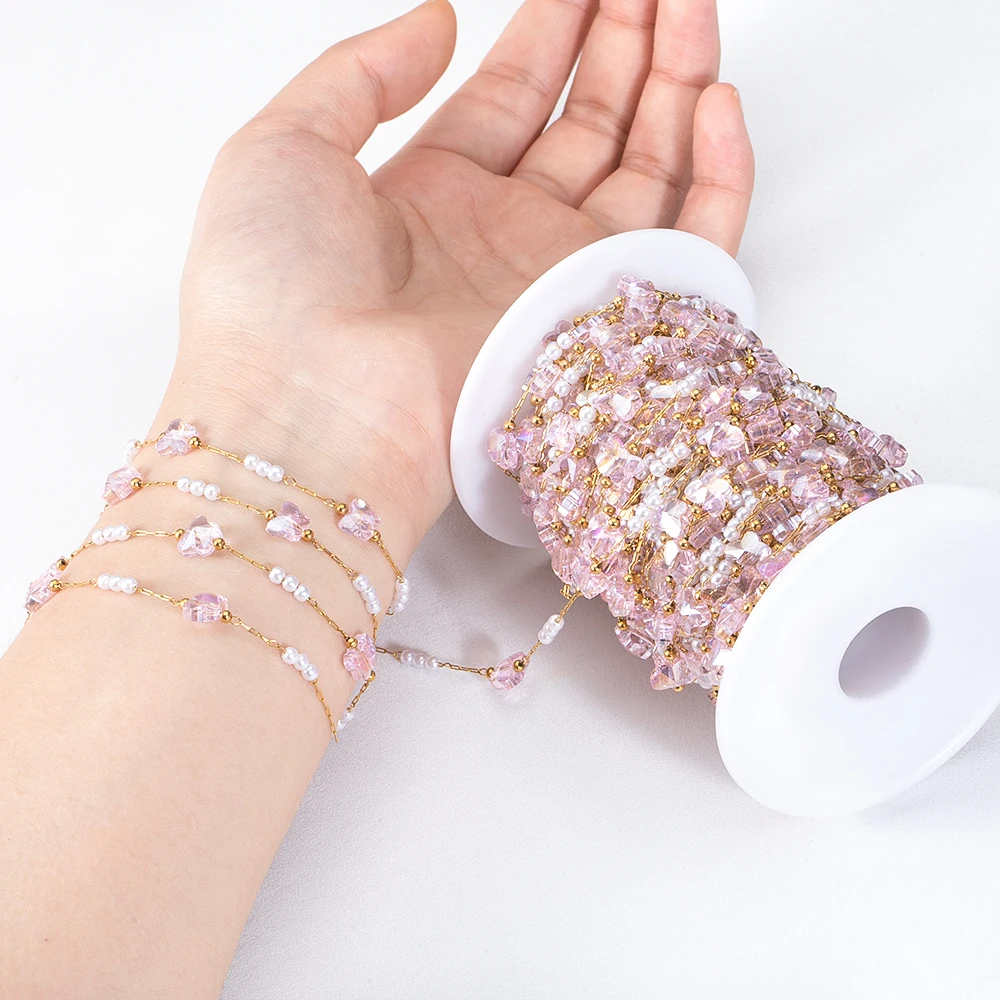 No Fade 1Meter Stainless Steel Crystal Butterfly Pink Flower Beaded Chains for Bracelet Necklace DIY Jewelry Findings Quality