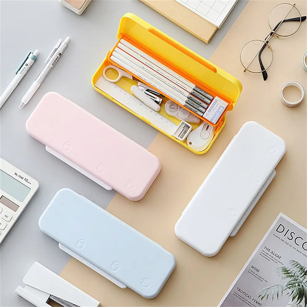 Simple Soild Color Large Capacity Waterproof Macaron Color Pencil Box Pen Case Double Layer Pencil Case Stationery Case