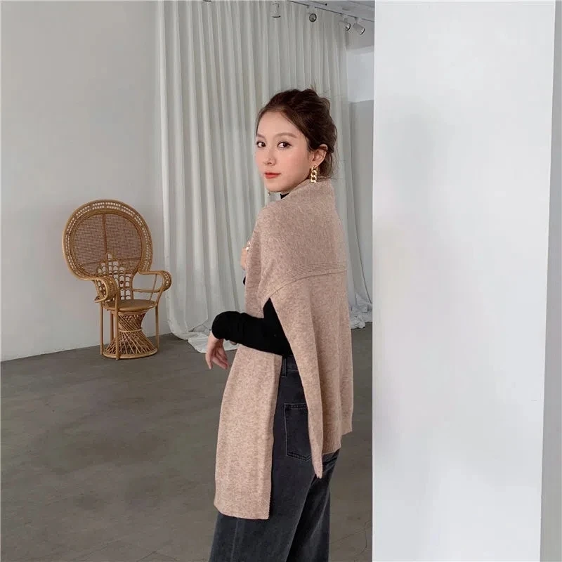 Knitted Shawl Women Autumn Winter Korean Solid Color Warm Scarf Casual Poncho Femme Irregular Fashion Tops