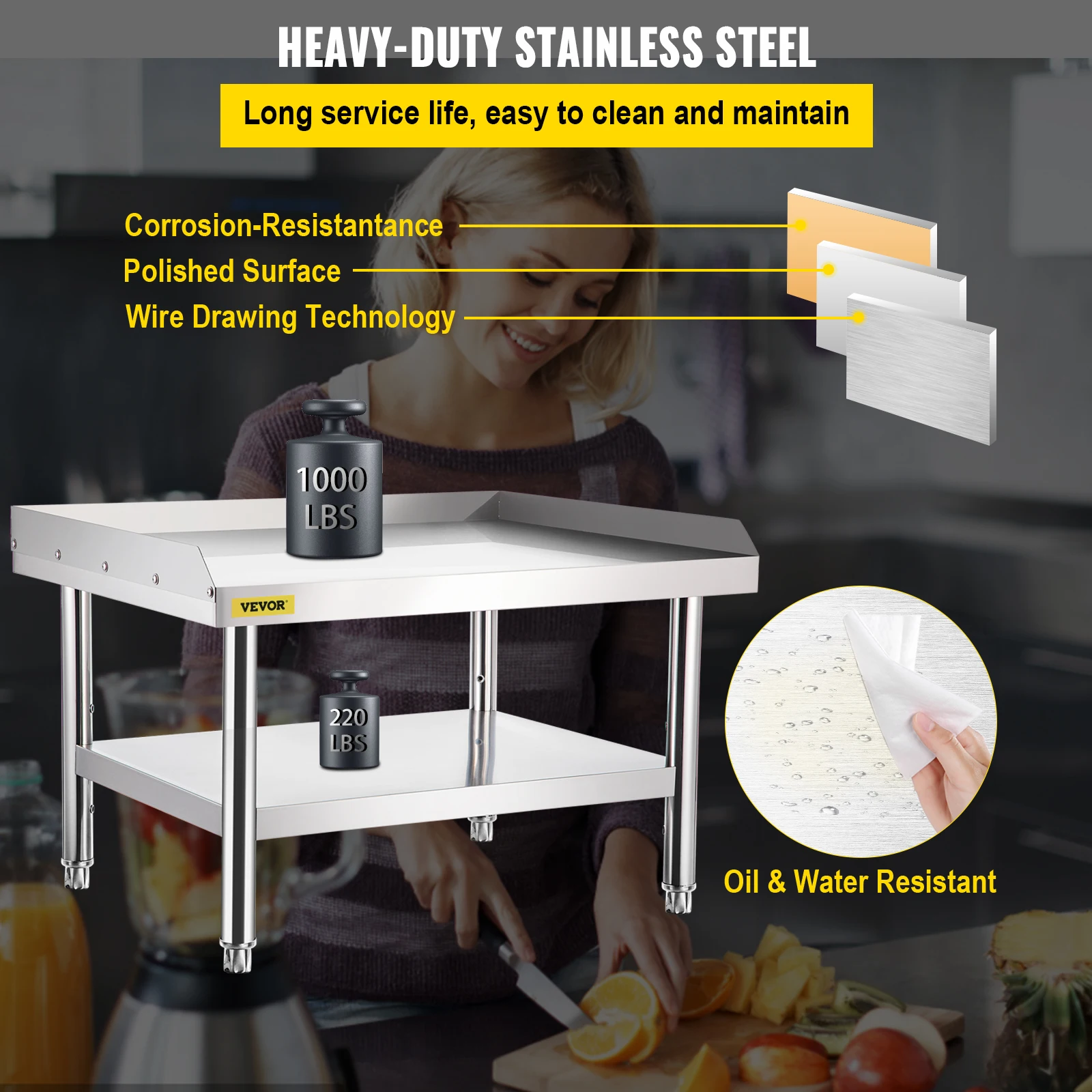 VEVOR 48x28x24 Inches Stainless Steel Equipment Grill Stand Table with Adjustable Storage Undershelf for Restaurant Kitchen