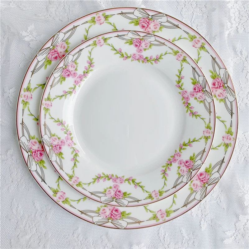 Bone China Plate Bow Vine Ceramic Western Plate Soup Dishes Plant Floral Print Exquisite Vintage Rose Pastoral Kitchen Tableware