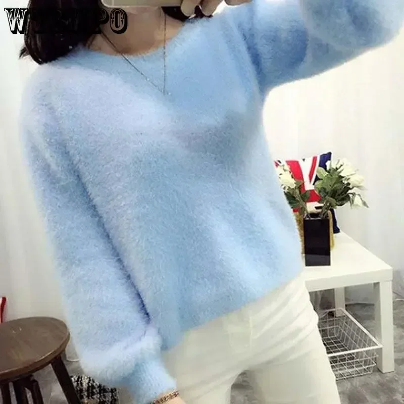 Mohair Knitted Pullover Purple Sweater Jumpers Girl Solid Color Loose Short Top Keep Warm Sweet College Style Wholesale