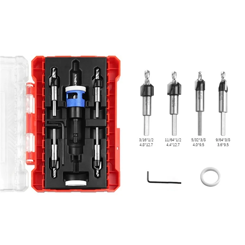 

WORTHOWN-5Pcs/Set Countersink Drill Bit With Adjustable Depth Stop Low Friction Hole Opener Countersunk Drill Bit Carpentry