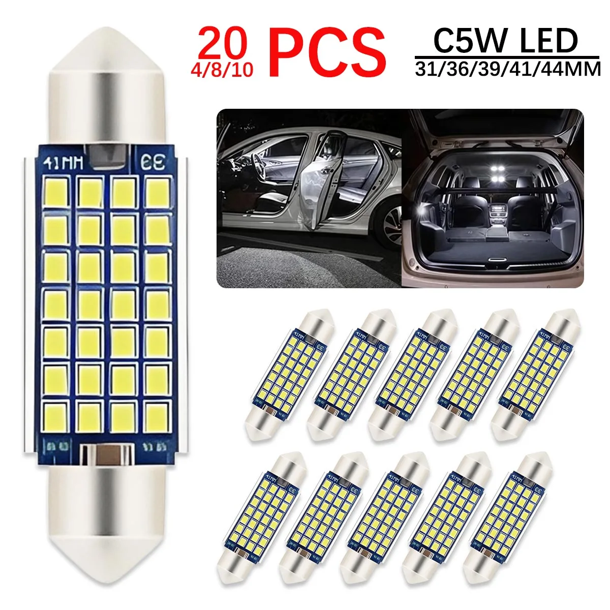 

4/8/10/20 PCS CANBUS C5W Festoon 31mm 36mm 39mm 41mm LED Bulb Car Interior Dome Map Trunk License Plate Lights 12V 6500K White