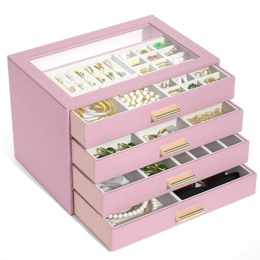 

Шкатулка для драгоценностей с прозрачной крышкой, функциональный кожаный органайзер для хранения ювелирных изделий, чехол с 4 ящиками для женщин и девочек, ожерелье, кольцо, браслет E