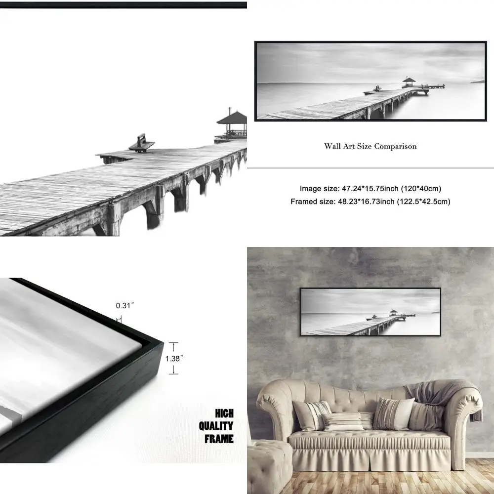 

Современное искусство морского пейзажа: большой холст в черной рамке с мирным океанским мостом для домашнего декора
