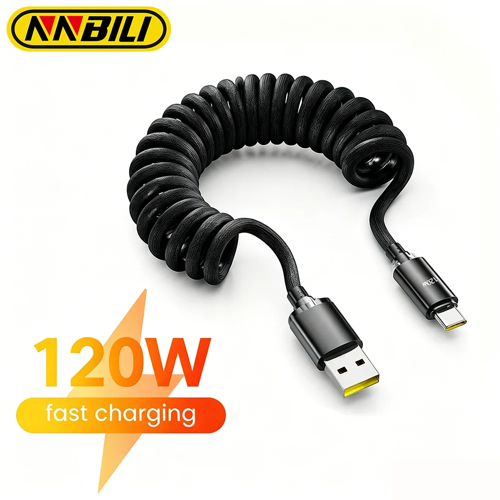 NNBILI 120W USB-A to Type C Fast Charge Spring Cable Retractable Car Charger Data Cord for Huawei Samsung Xiaomi Type-C Phones