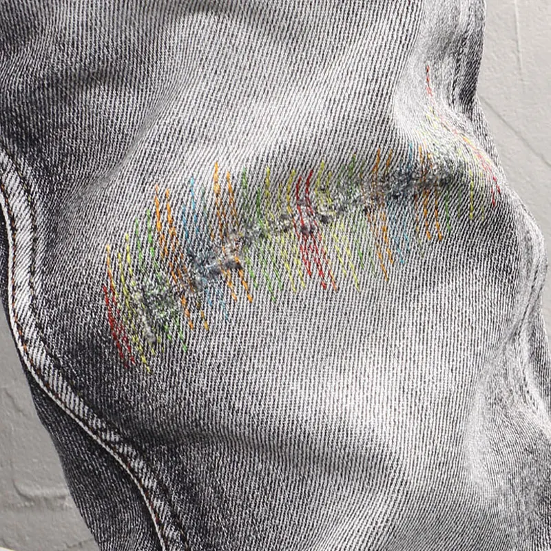 Fashion Designer Men Jeans Retro Washed Gray Elastic Slim Fit Ripped Jeans Men Embroidery Patched Vintage Denim Pants Hombre