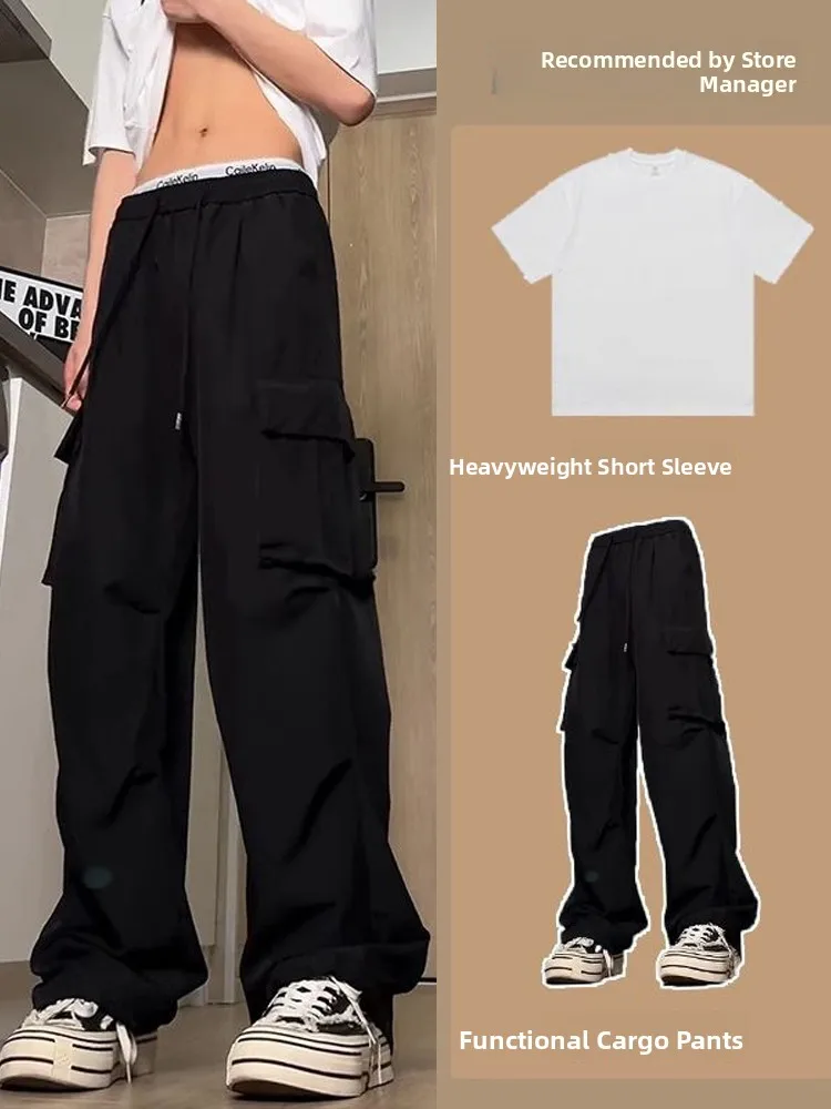 

Black American Functional Waterproof Quick Dry Cargo Pants for Men Spring Summer Casual Straight Leg Thin Polyester Fiber