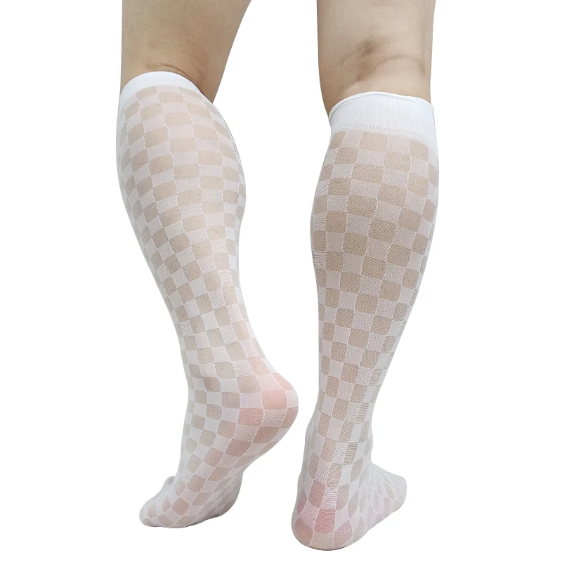 Thin Sheer Mens Plaid Socks See Through Softy Fomral Knee High Dress Suit Long Tube Socks Stocking Hose Sexy Business