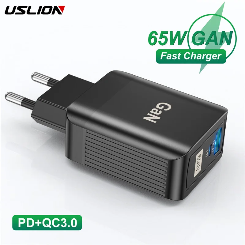 USLION 65W GaN Fast Charger USB Charger For MacBook Pro PD Quick Charge Tablet Type C Charger Fast Charging For iphone 15 Xiaomi