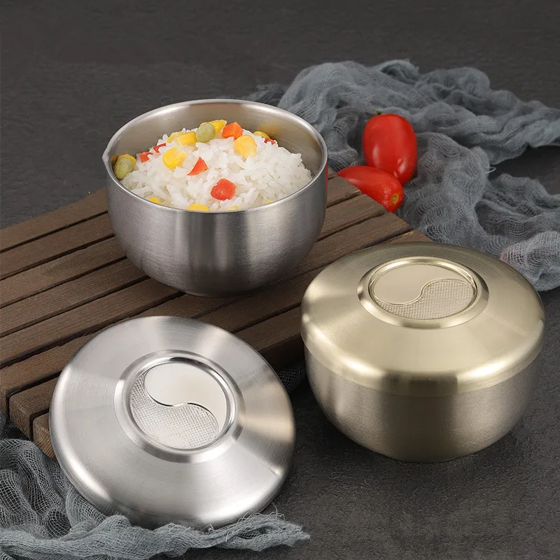 

Креативная двухслойная миска для риса с крышкой, корейская термоизоляционная миска для супа из нержавеющей стали, контейнеры для еды, домашняя посуда