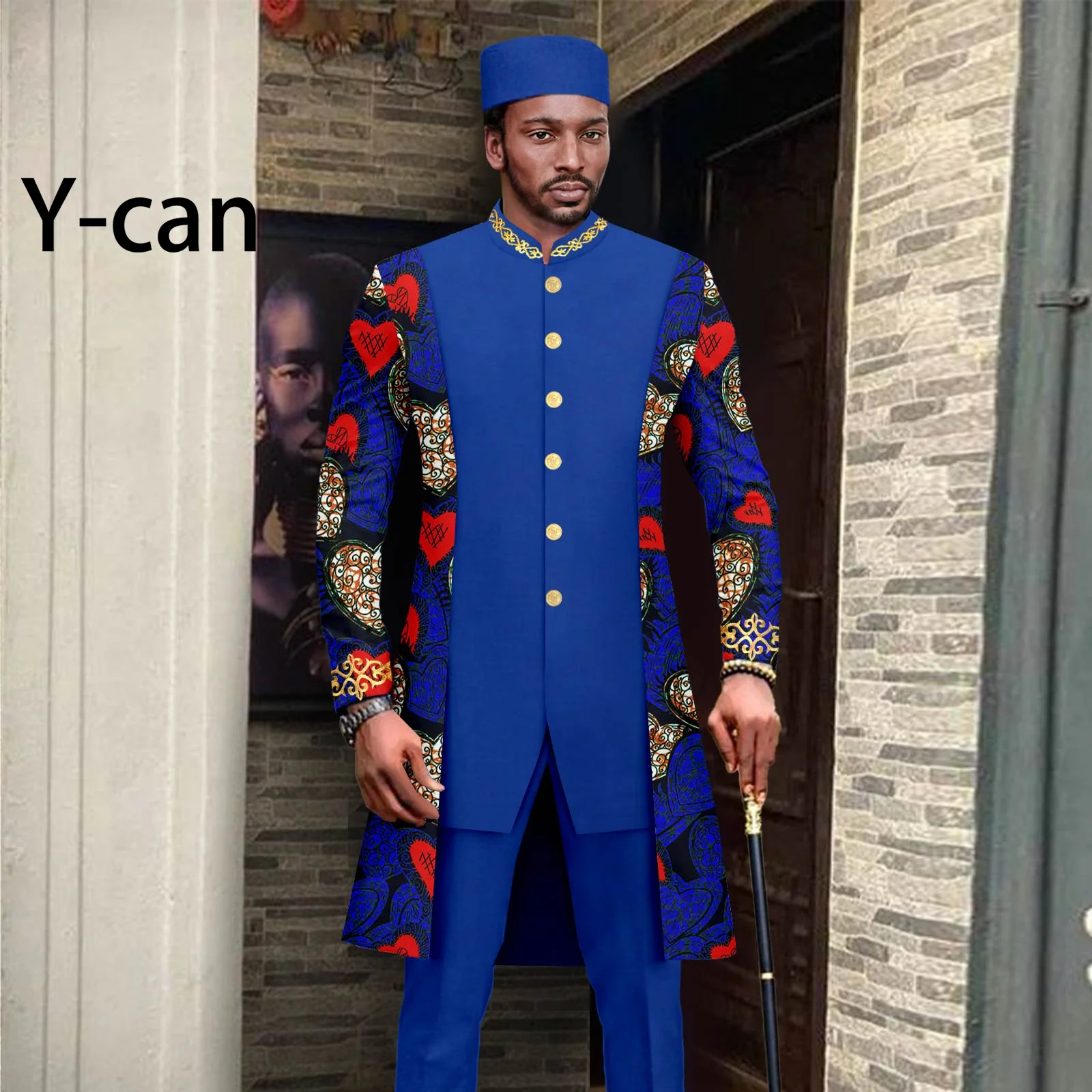 

African Men Suits 2023 Slim Fit Dashiki Print Set Patchwork Jacket and Trousers Match Muslim Caps Bazin Riche Attire A2316053