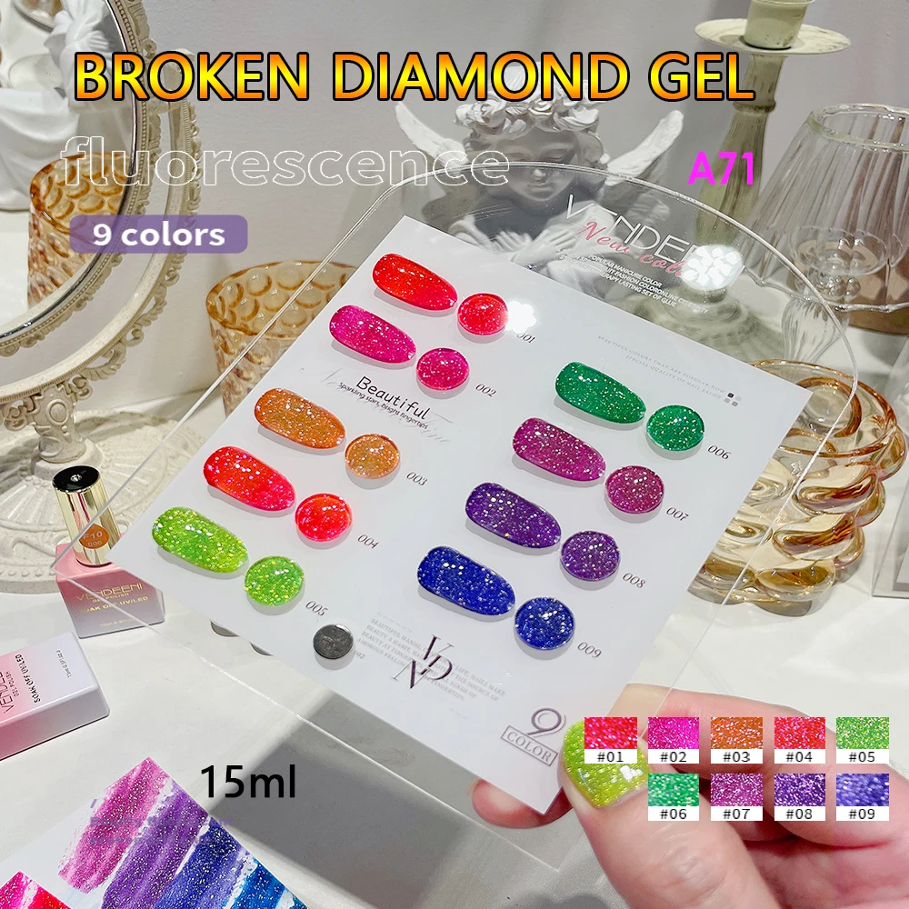 

Vendeeni 9 Colors/set Fluorescence Glitter Broken Diamond Gel Nail Polish Soak Off UV Led Colorful Gel Nail Art Gel Lacquer 15ml
