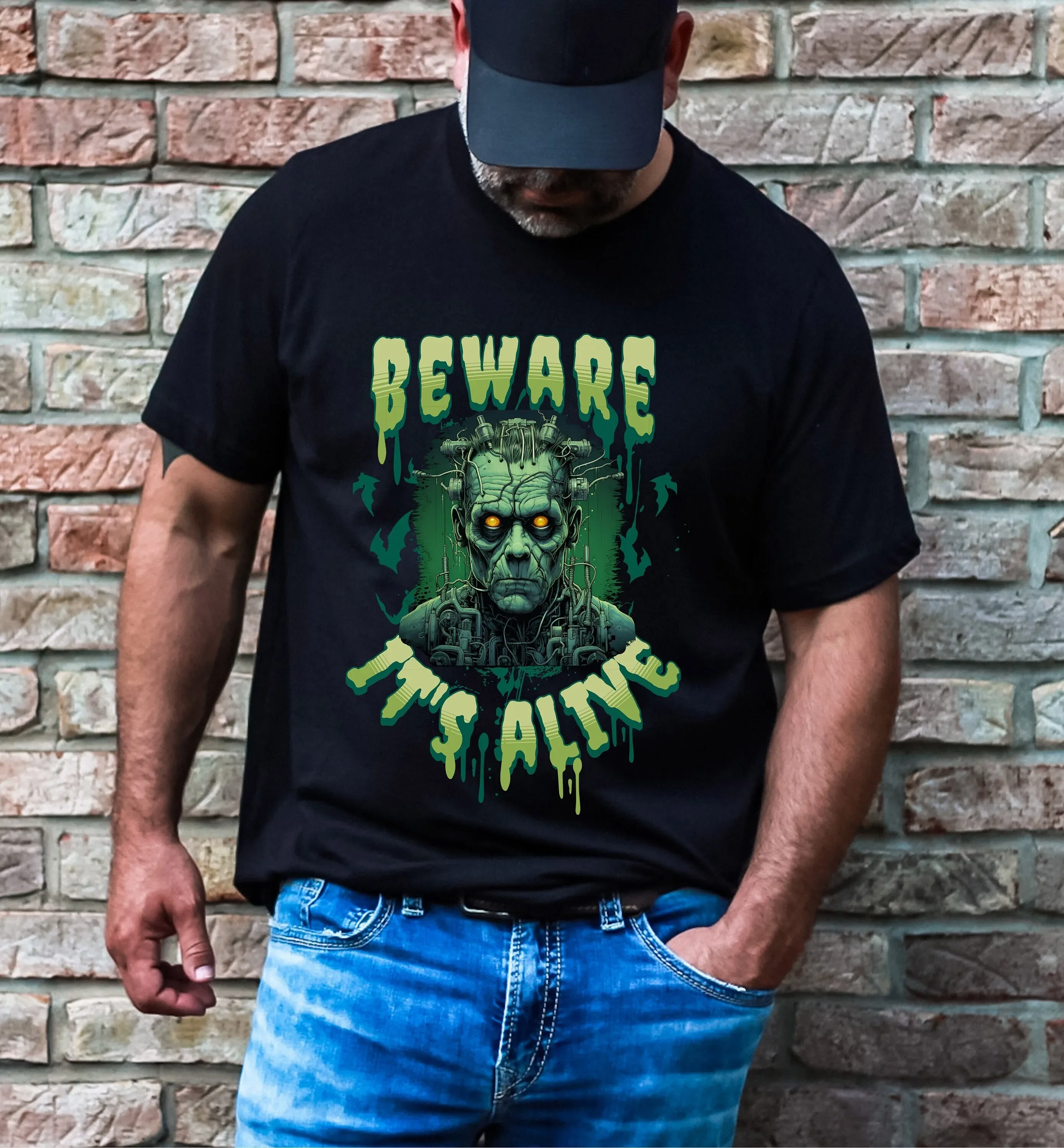 T-shirt Beware It's Alive Halloween Frankenstein pour hommes, monstre rétro