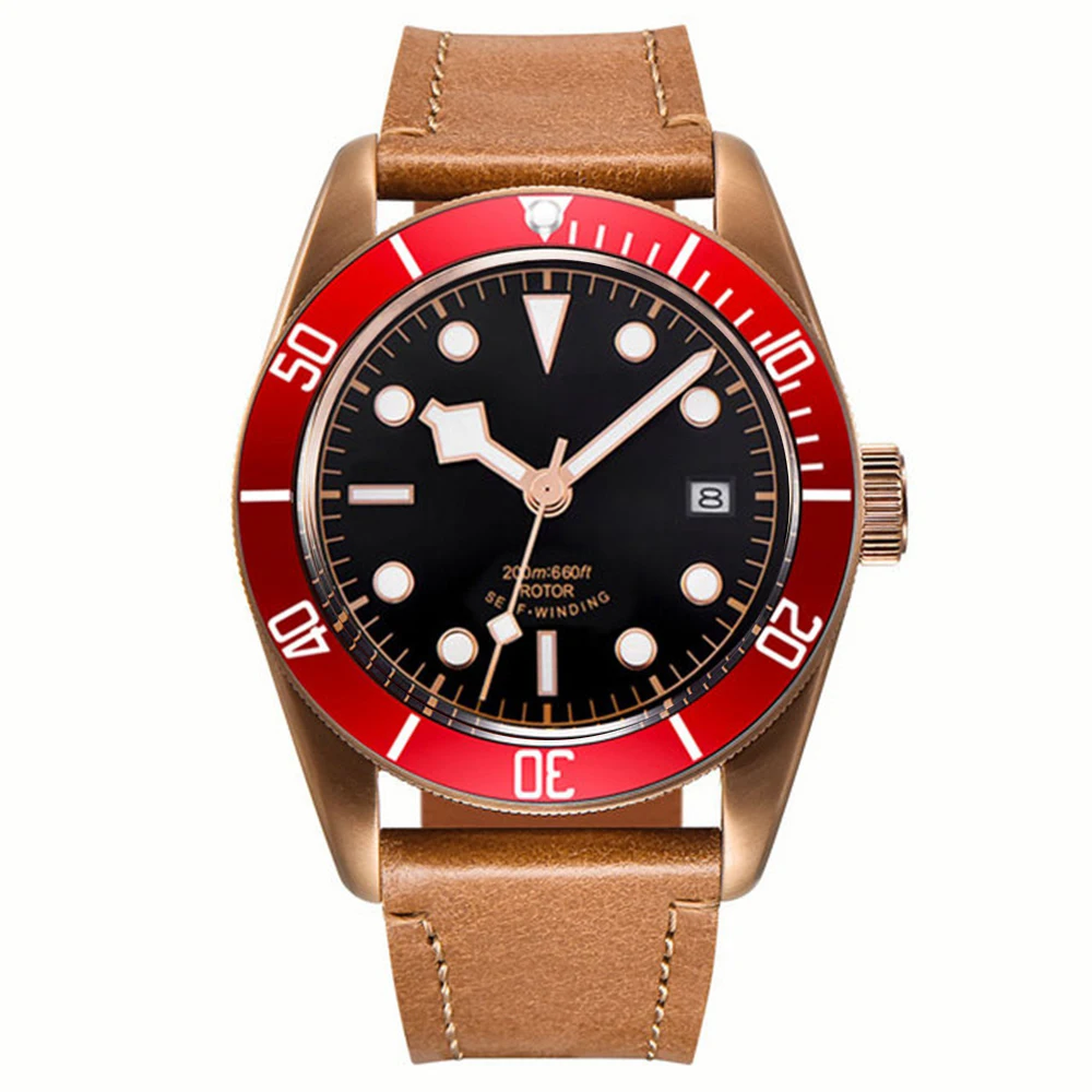 นาฬิกาข้อมือผู้ชายแบบกลไกอัตโนมัติ NH35A พร้อมโลโก้สั่งทำพิเศษ  หน้าปัดสีน้ำตาล  กระจกแซฟไฟร์  เรืองแสง  สไตล์ทหาร  กันน้ำลึก 100 เมตร