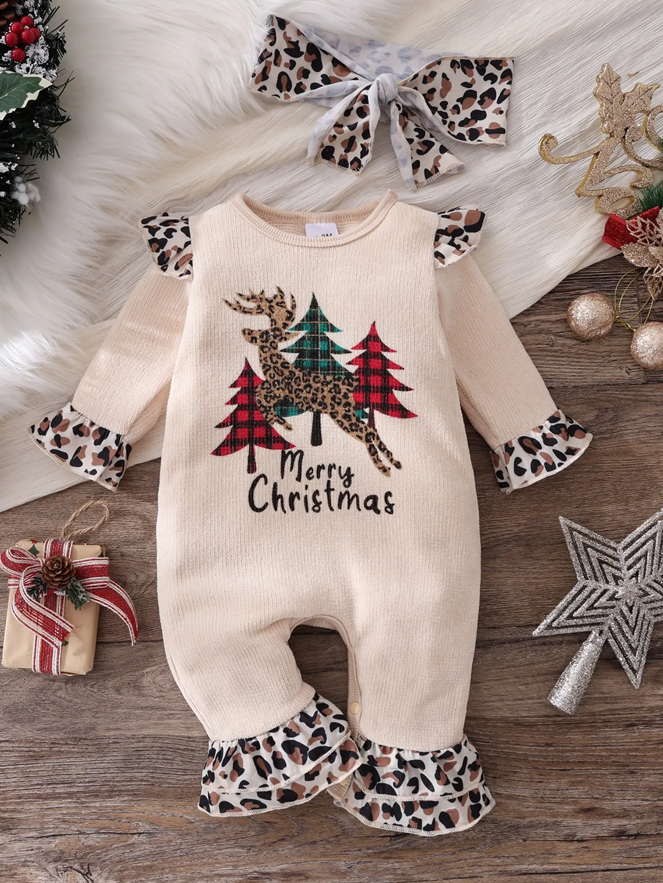 Christmas Theme Baby Romper Suit Reindeer Christmas Tree Print Leopard Print Ruffle Cute Crawling Suit Infant Holiday Outfit