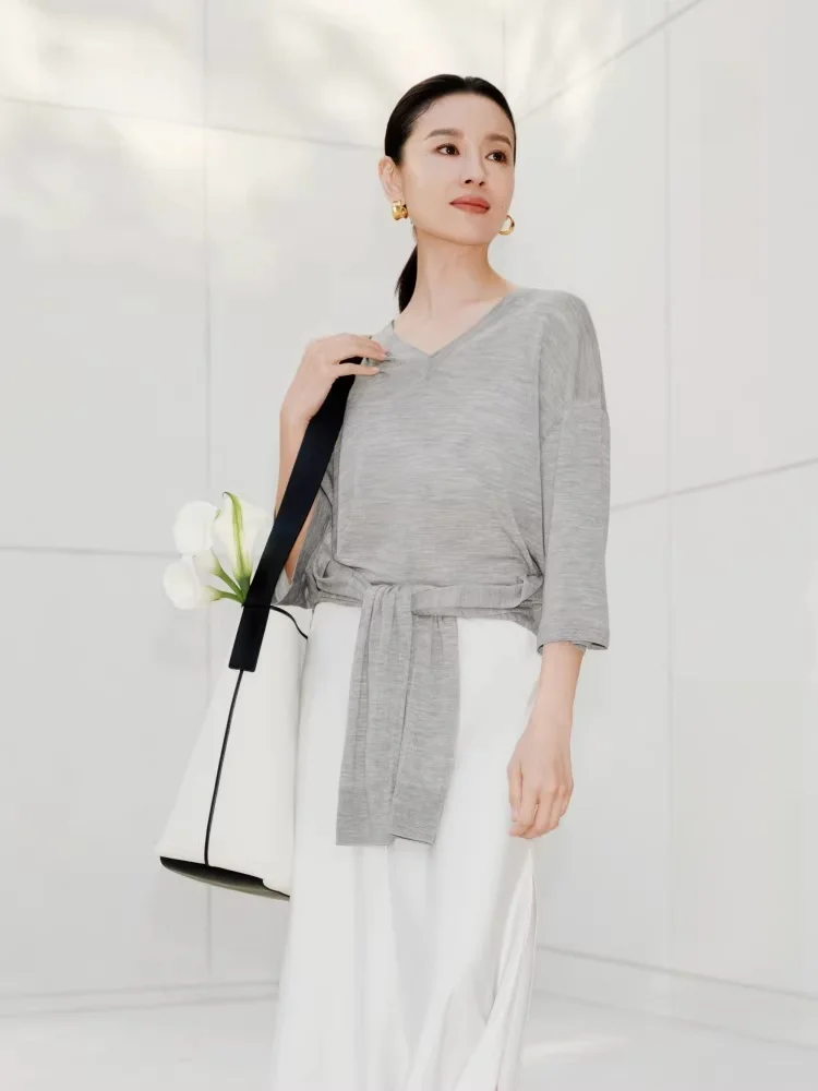 

Pure Wool V-Ne 3/4 Sve Knitted Sweater Edition2025 Summer New Sle Women's Faion Woolen Top Quali Material