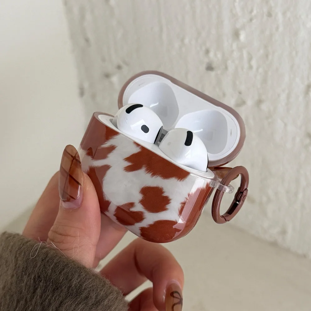 귀여운 갈색 소 텍스처 글로스 애플 에어팟 4 보호 케이스 에어팟 프로3 프로2 3세대 1 또는 2 소프트 이어폰 커버