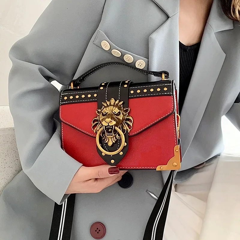 Retro Women\'s Fashion Handbag Messenger Bag Metal Lion Head Brand Shoulder Bag Mini Square Storage Bag