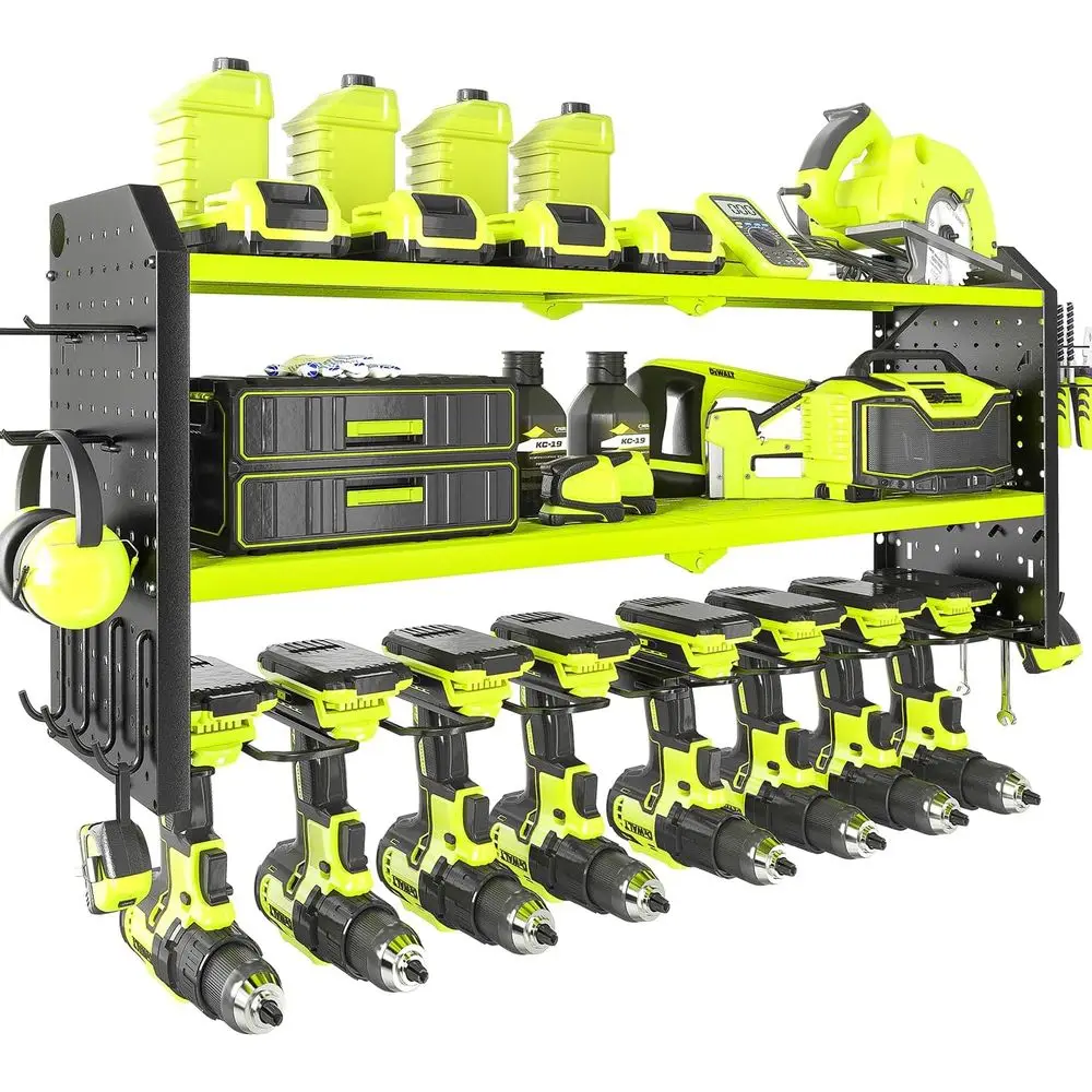 

Органайзер для электроинструментов, большой настенный держатель на 8 дрелей с 2 боковыми перфорированными панелями, прочная металлическая полка для инструментов с 12 крючками, система хранения R