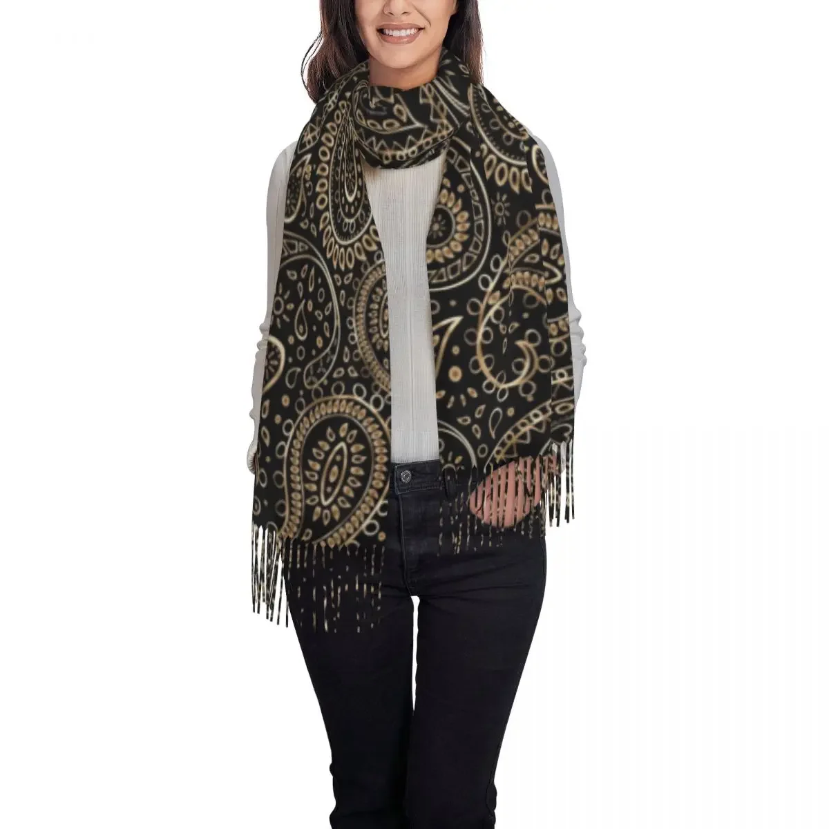 Customized Printed Gold Bohemian Art Paisley Gradient Beige And Brown Scarf Men Women Winter Fall Warm Scarves Shawls Wraps