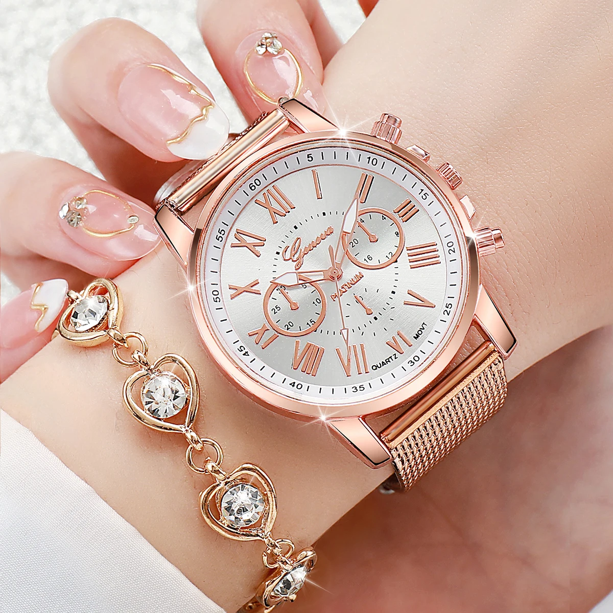 5PCS/Set Geneva Watch Fashion Women Watches Rhinestone Heart Jewelry Set Casual Plastic Band Ladies Quartz Watch（Without Box）