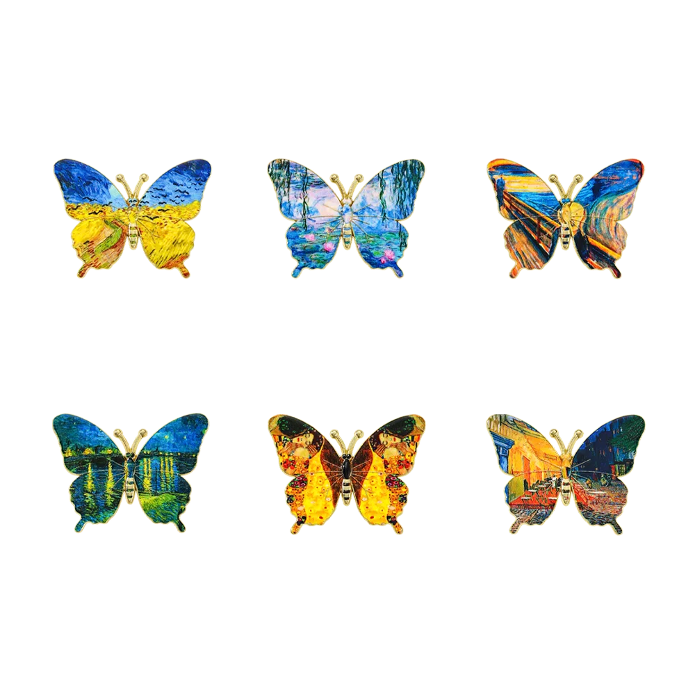 6Pcs Van Gogh Monet Art Butterfly Brooch Set, Vintage Enamel Lapel Pin for Backpack Clothes Jewelry Gift