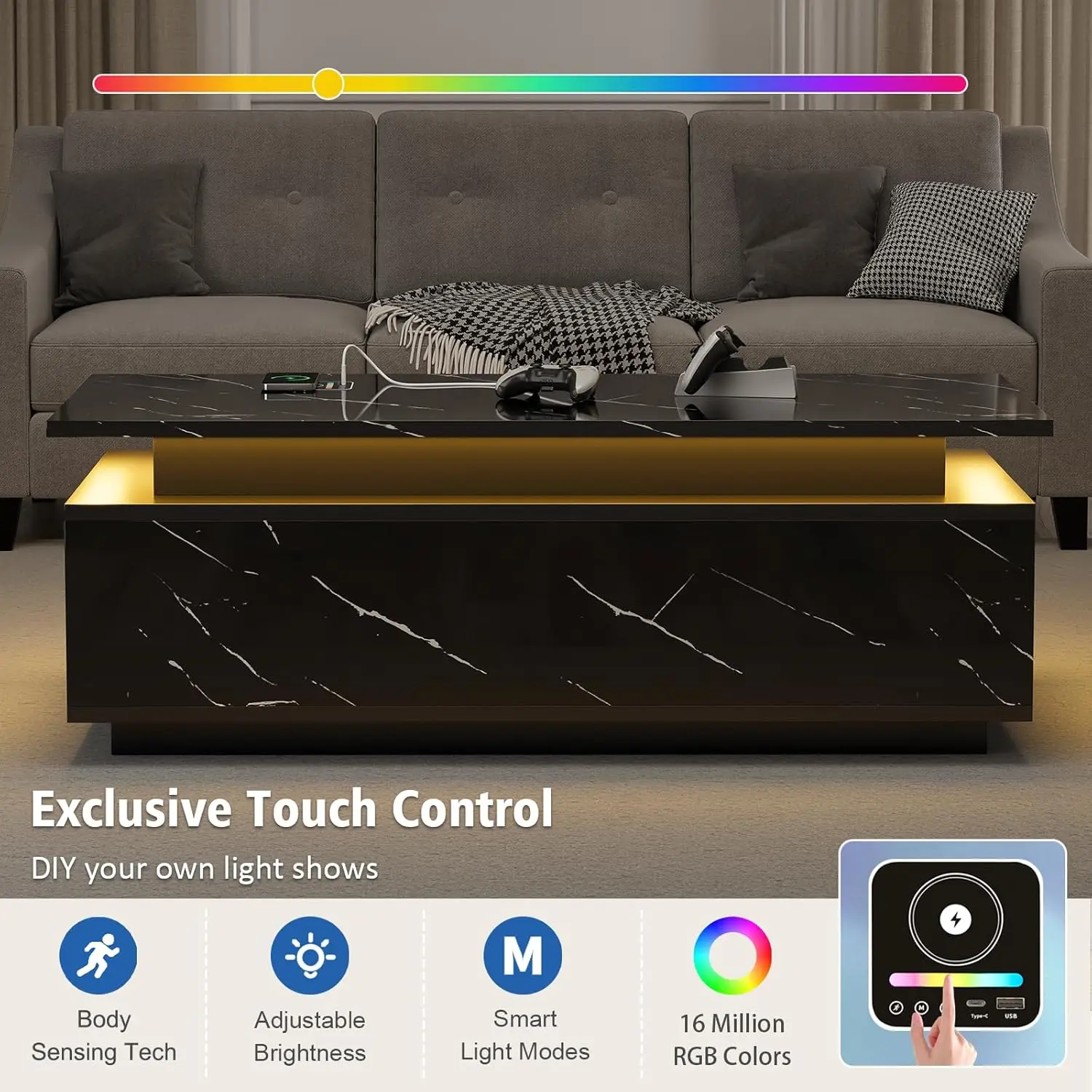 LED Coffee Table with Storage, Black Coffee Table with Wireless Charging and Speaker, High Glossy Modern Center, Customized