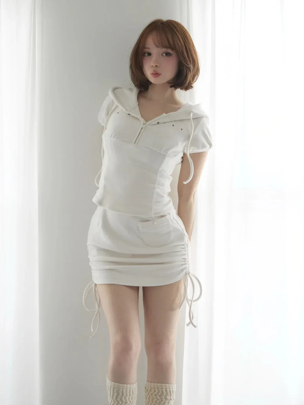Women Hooded Two-piece Suit  Half-zipper Short-sleeved Top Drawstring Wrinkled Mini-skirt Suit Y2K Casual Summer Daily Date Wear
