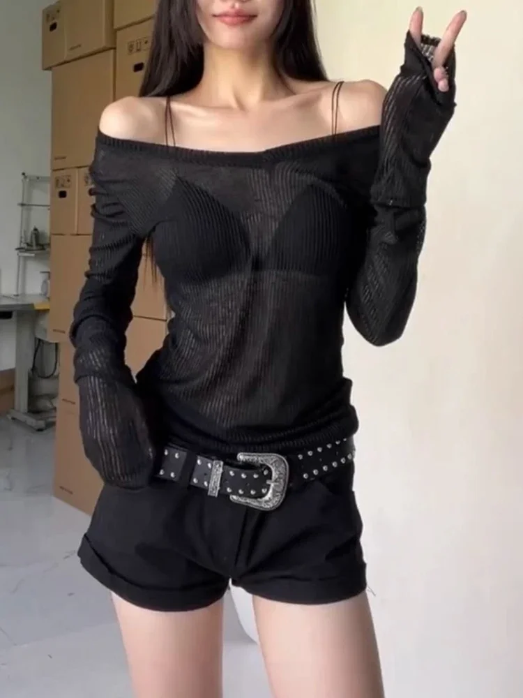 

Вязаные футболки женские весенние с длинным рукавом и v-образным вырезом прозрачные сексуальные Hotsweet американский стиль ретро свободные тонкие универсальные уютные модные шикарные футболки