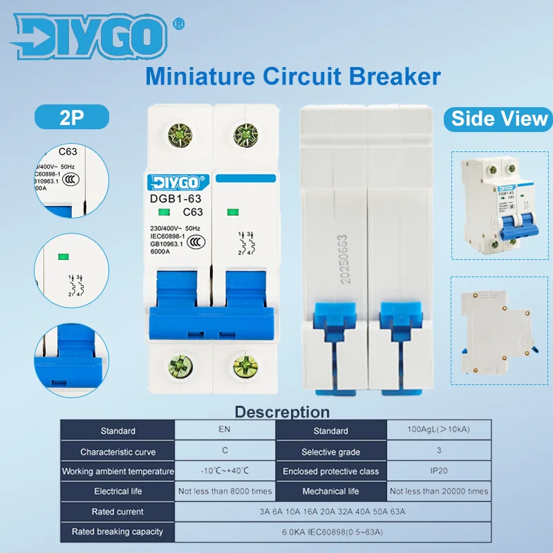 

DGB1-63 2P Миниатюрный автоматический выключатель переменного тока 230/400 В типа C 6, 10, 16, 20, 25, 32, 40, 63 А, переключатель защиты от DIN-рейки с индикацией