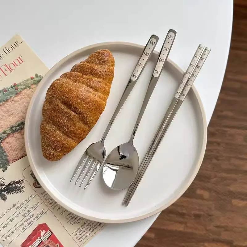 304 Stainless Steel Butterfly Bow Portable Tableware Set for Students Office Workers Cafeteria Household Spoons Forks Chopsticks